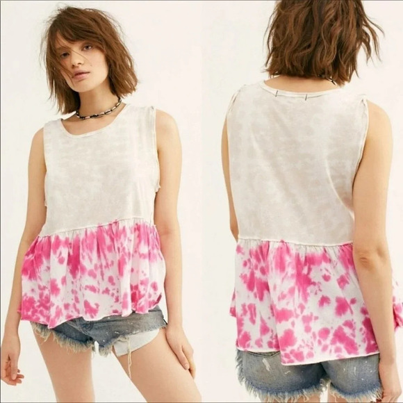 Free People Tie Dye Anytime Peplum Tank Top Pink Hibiscus NWT Barbiecore - Picture 1 of 5